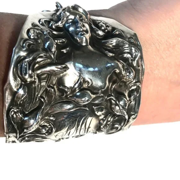 Rare Antique Goddess Sterling Silver Cuff Bracelet Victorian 925 Lady Face Wide - Picture 8 of 11